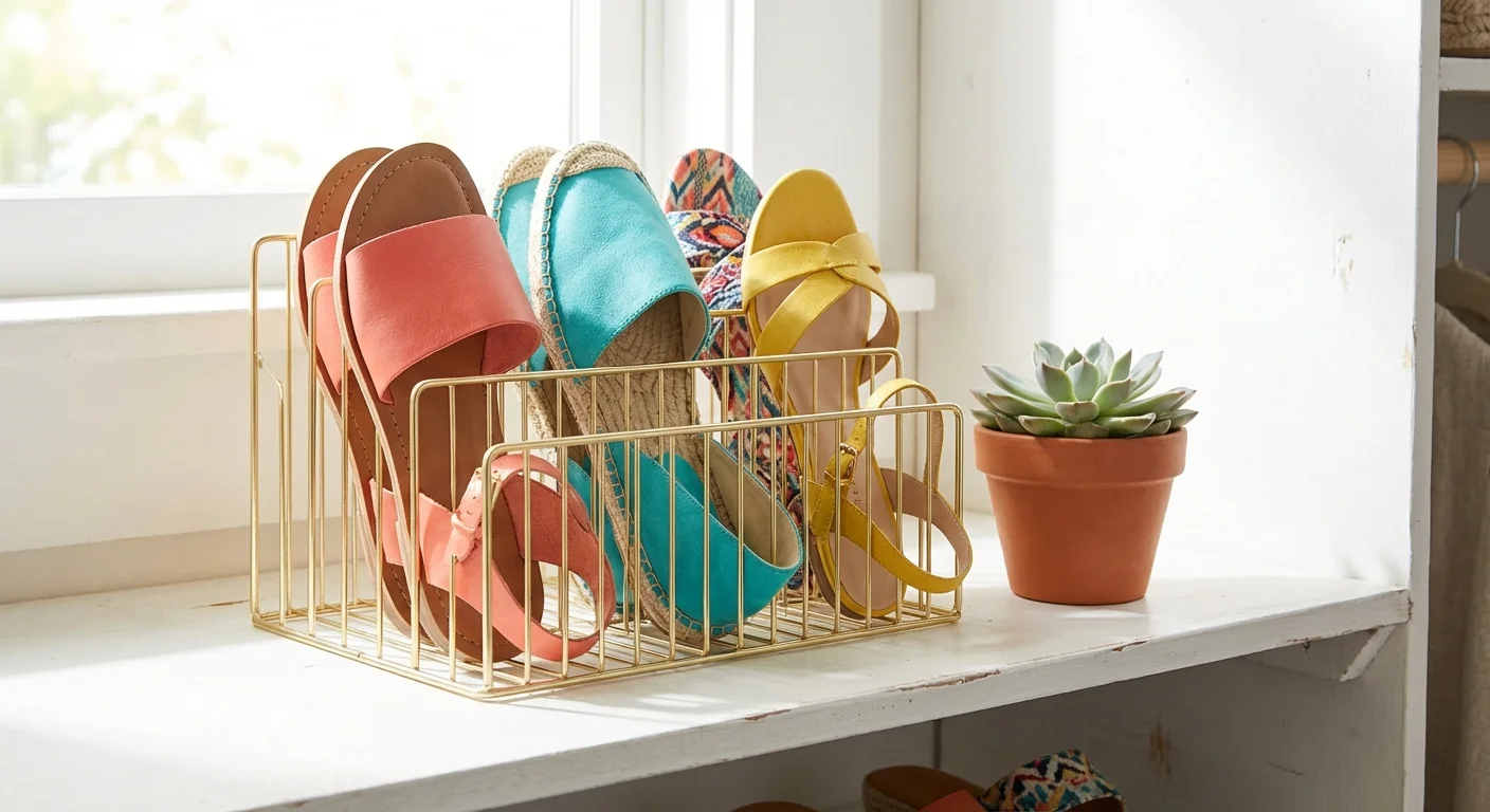 Summer sandals neatly organized vertically in a gold wire letter sorter on a closet shelf.