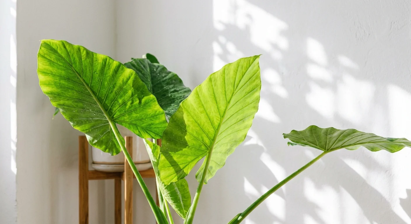 Sunlight filtering through the large green leaves of an Alocasia plant in a well-lit room.