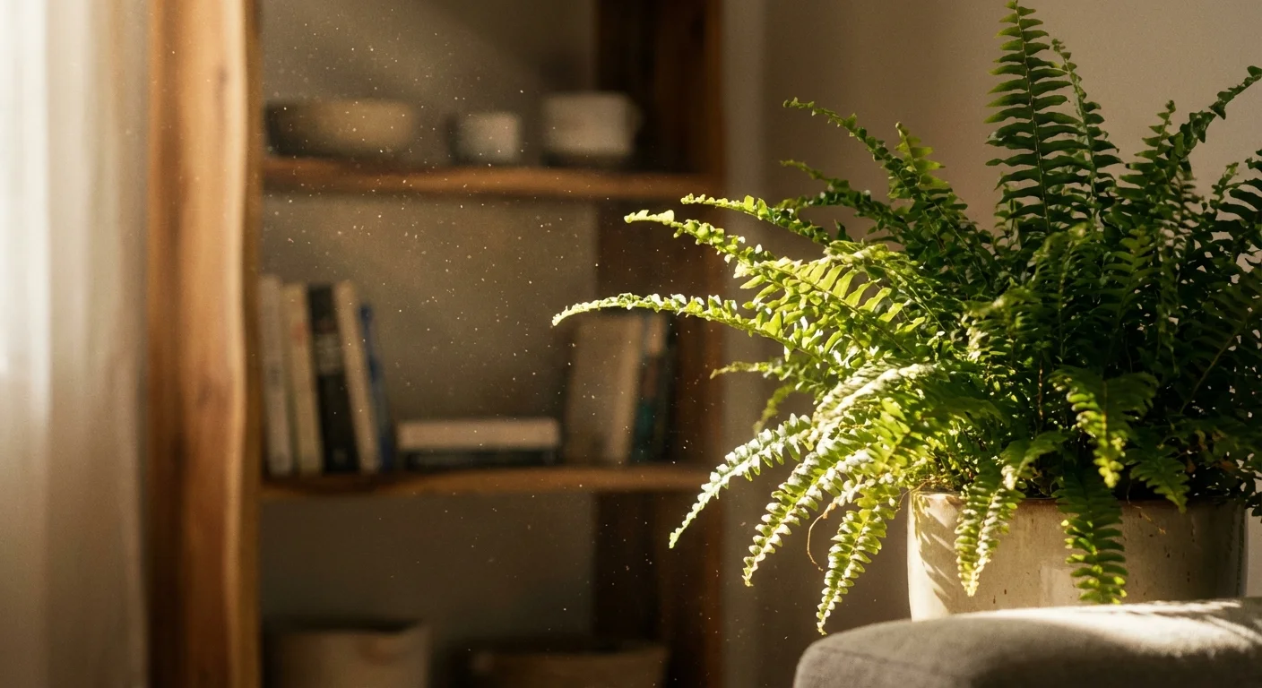 Sunlight hitting a dusty corner of a living room, highlighting the invisible particles in the air.