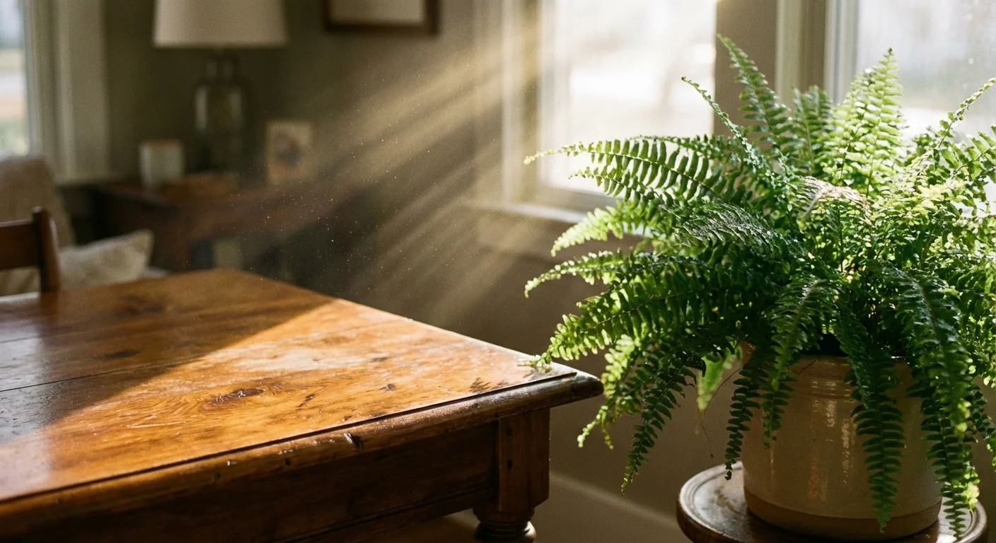 Sunlight illuminating a wooden surface and a green plant in a peaceful home setting.