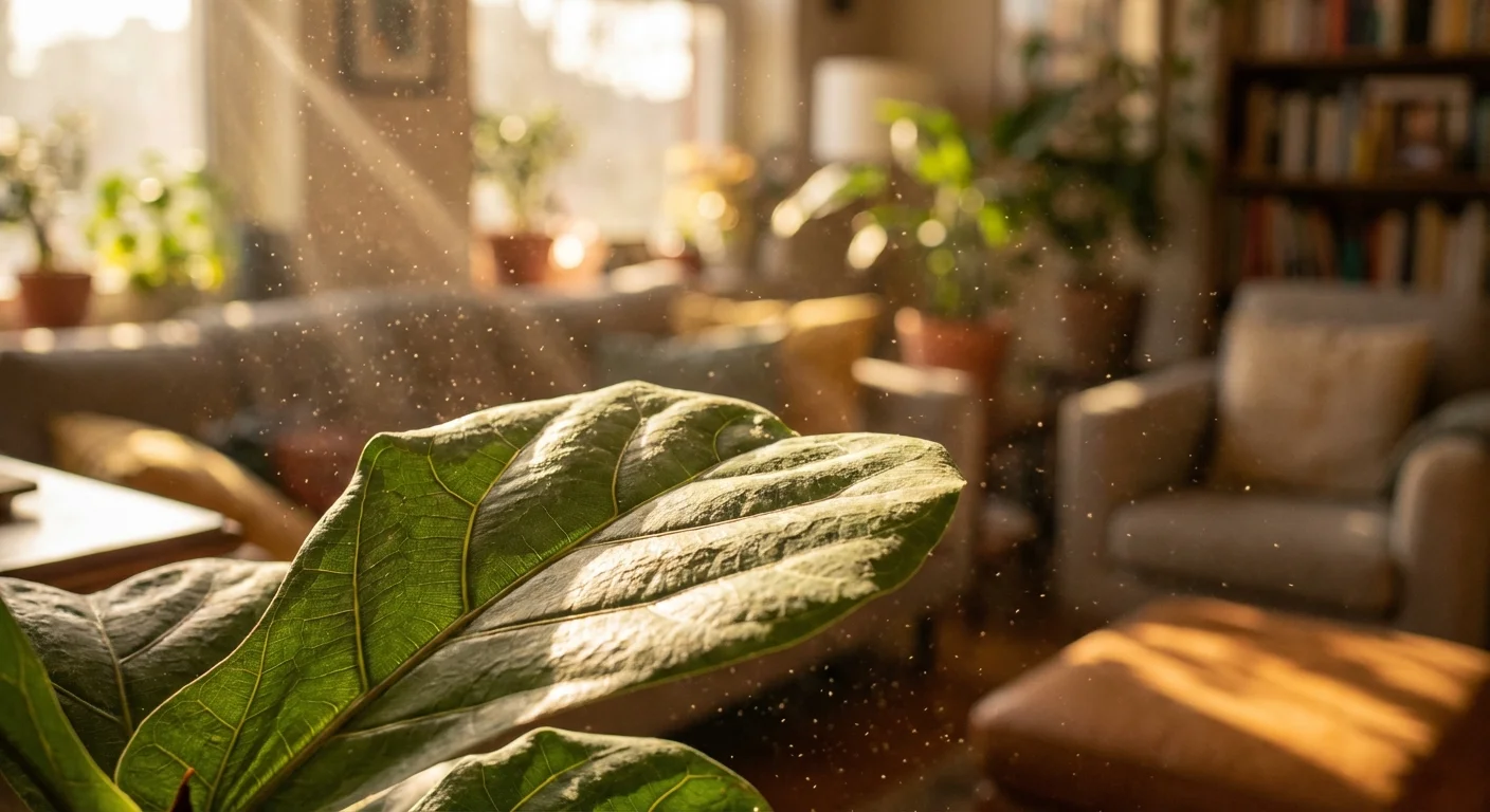 Sunlight illuminating dust motes in the air next to a vibrant green plant leaf.