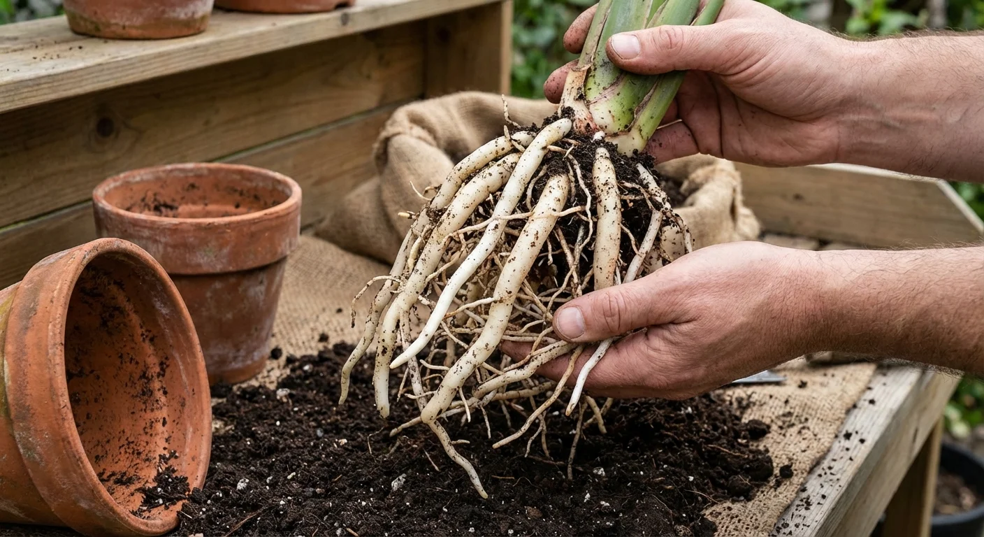 Thick, healthy white rhizome roots of a Bird of Paradise plant.