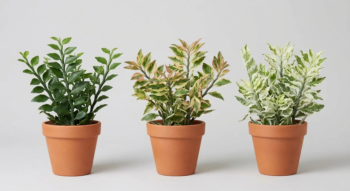 Three different varieties of Devil's Backbone plants side-by-side.