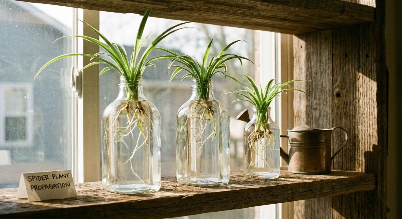 Three glass bottles with spider plant cuttings lined up on a modern wooden shelf.