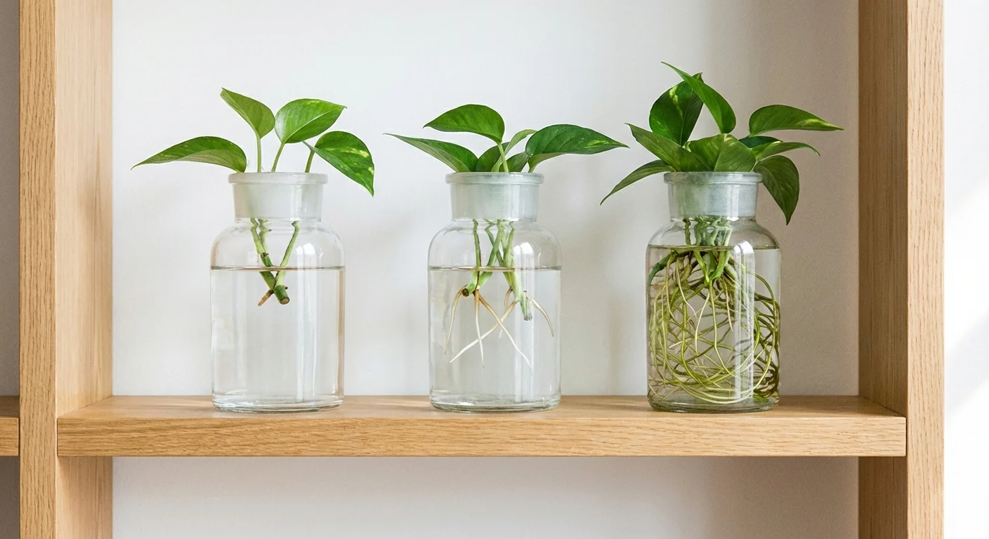 Three glass jars showing the progression of Pothos root growth over several weeks.