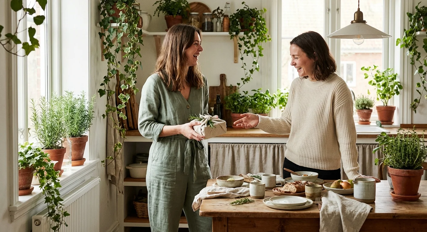 Two friends talking in a bright, plant-filled kitchen about what to bring to a dinner party.