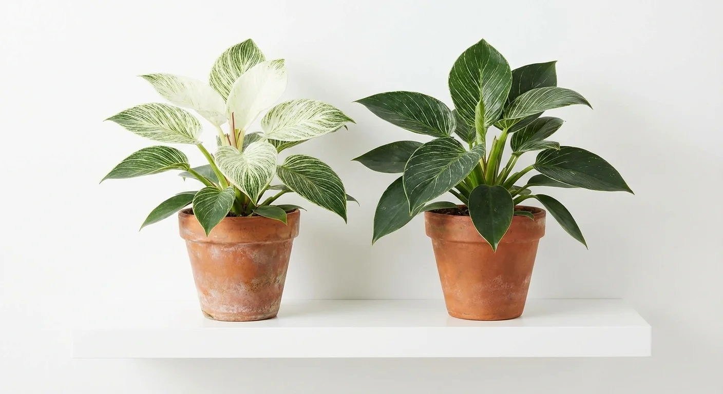 Two Philodendron Birkin plants showing different levels of white pinstriping.