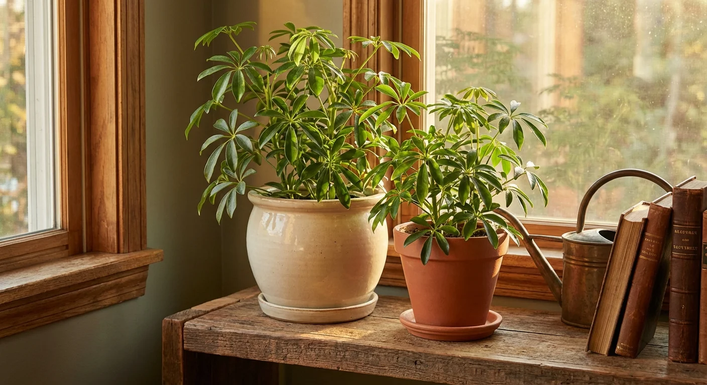 Two Umbrella Plants in different pots on a wooden shelf, illustrating growth stages.