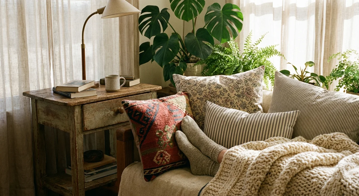 Un colț de lectură primitor cu perne cu modele diverse, o pătură texturată și plante de apartament.