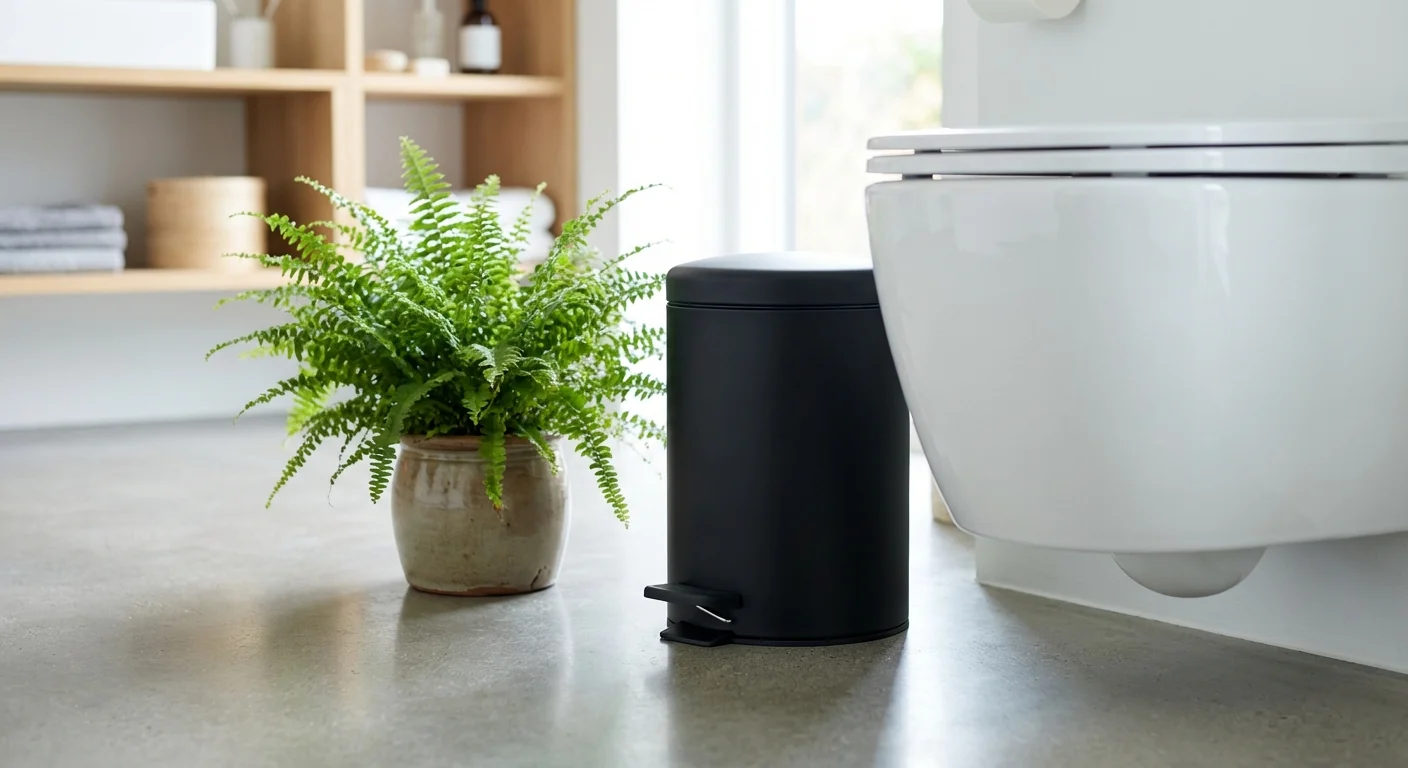 Un coș de gunoi elegant cu pedală lângă o toaletă modernă, încadrat de plante de interior.
