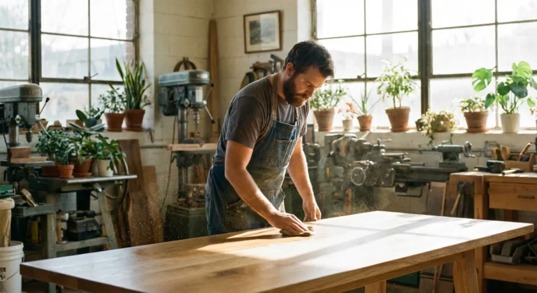 Un meșteșugar finisând o masă din lemn de stejar într-un atelier luminos plin de plante.
