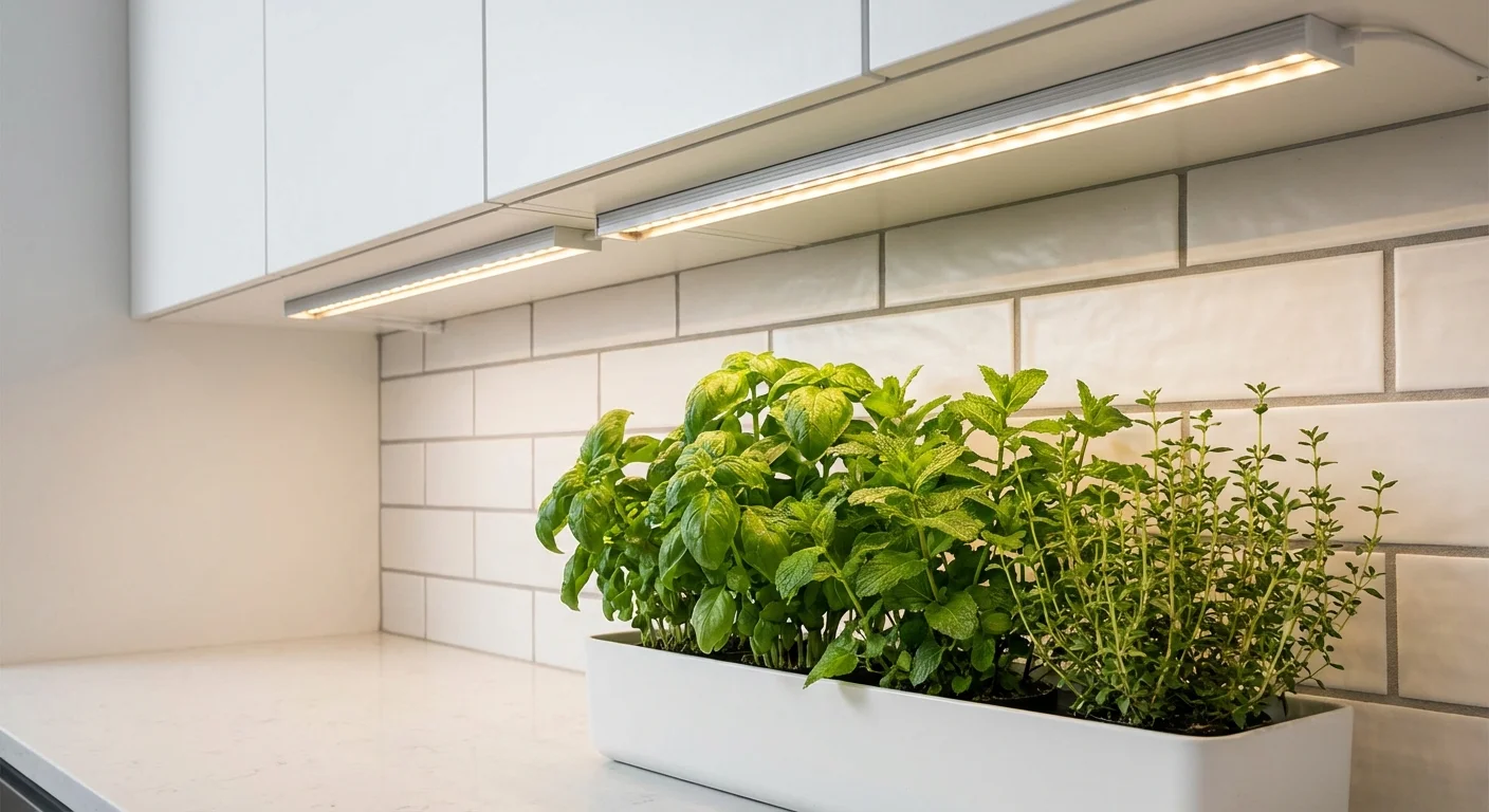Under-cabinet LED grow lights illuminating a thriving indoor herb garden on a kitchen countertop.