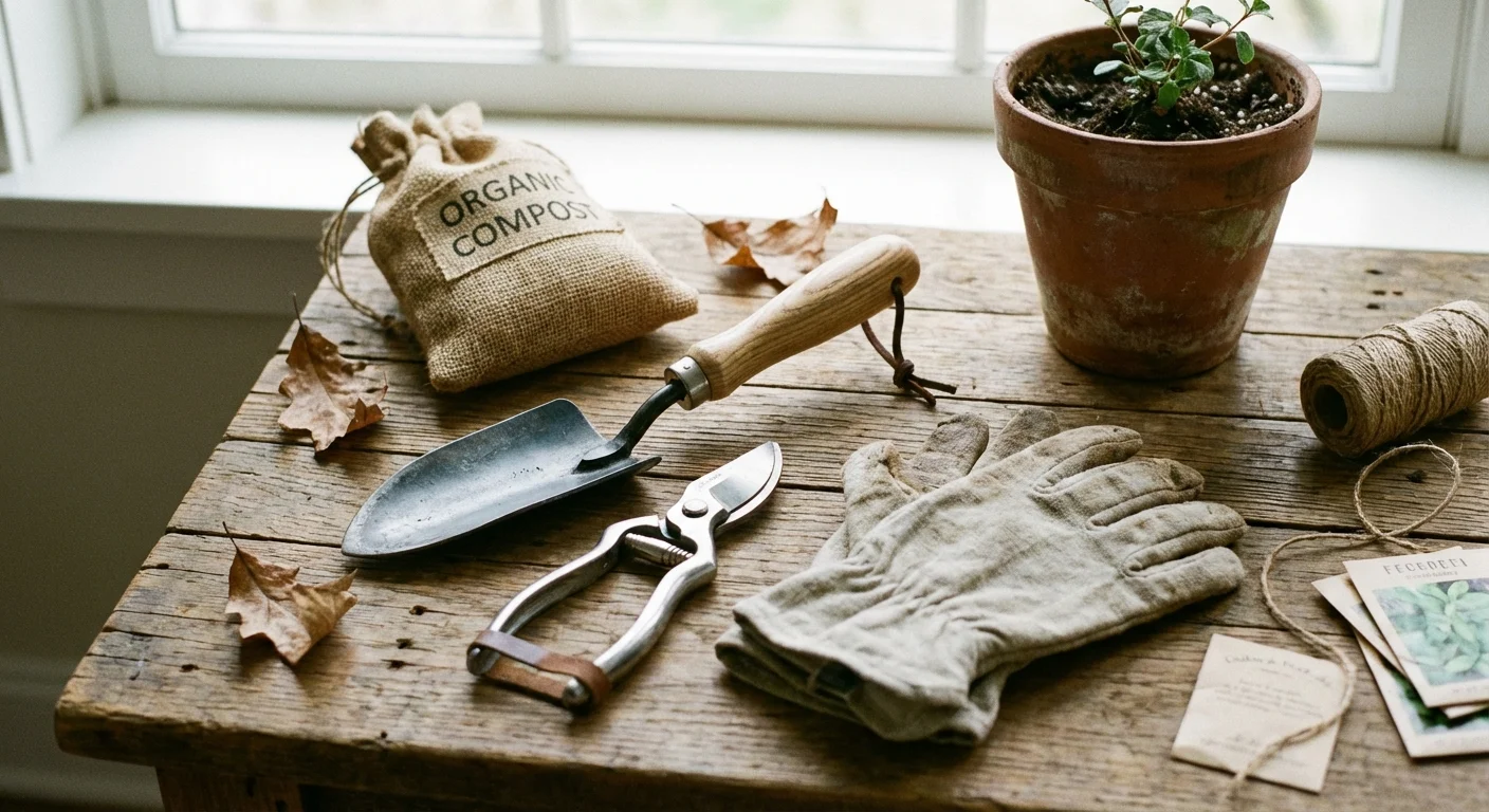 Unelte de grădinărit premium și materiale de pregătire pe o masă de lemn.