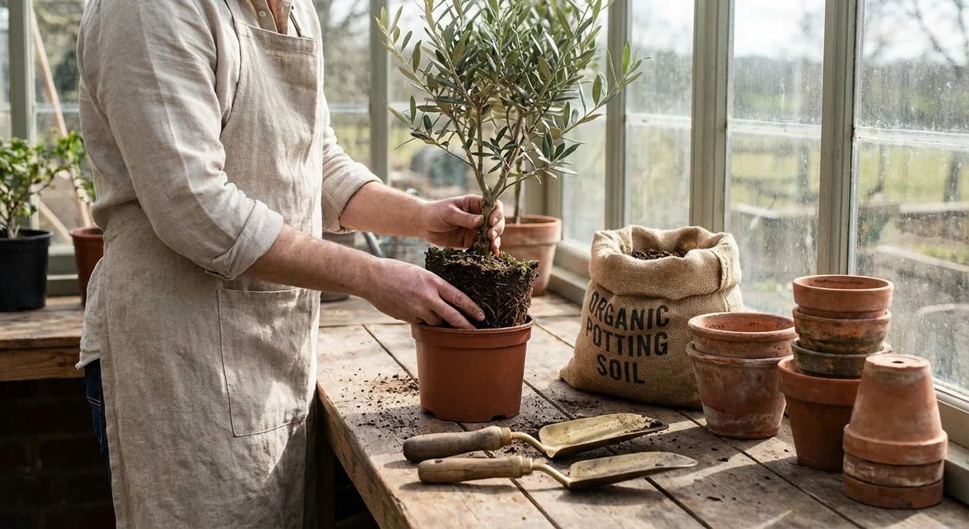 Unelte de grădinărit și ghivece de teracotă pe o masă de lemn, pregătite pentru replantare.