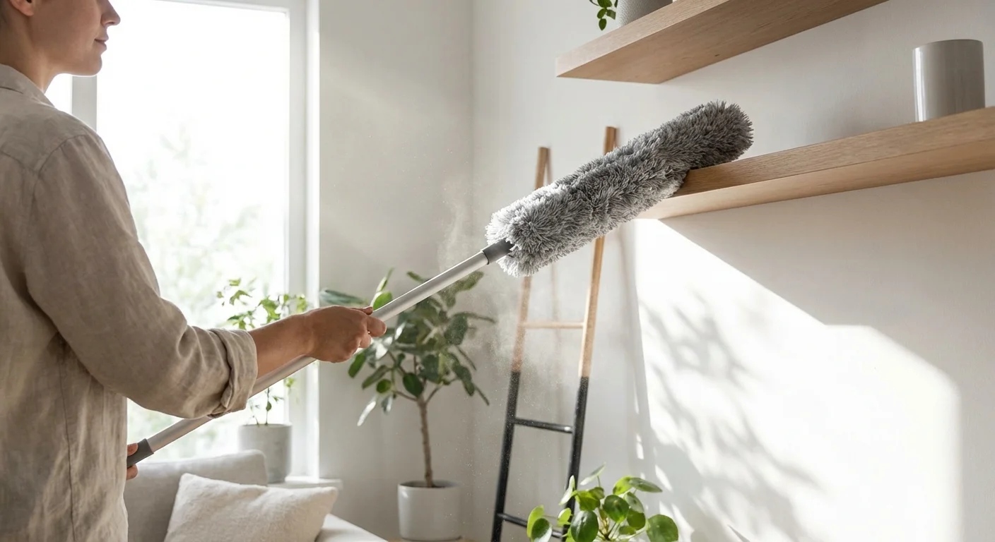 Using a flat mop to clean a high, hard-to-reach wooden shelf in a bright home.