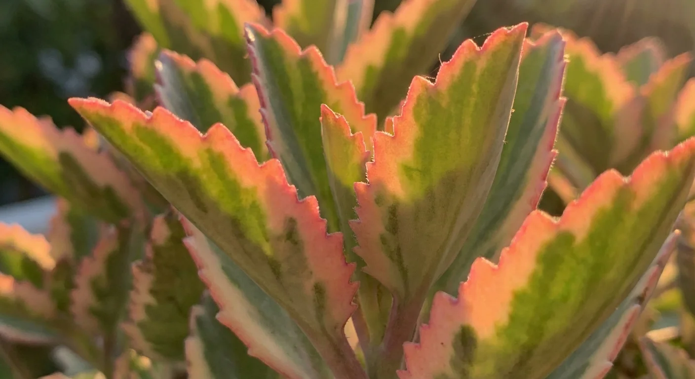 Variegated plant leaves with beautiful pink edges in the sun.