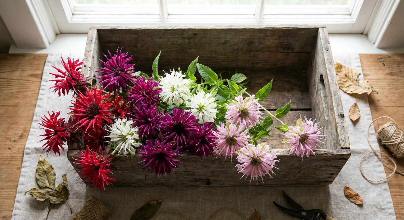 Various colors of Bee Balm flowers including red, pink, and purple.