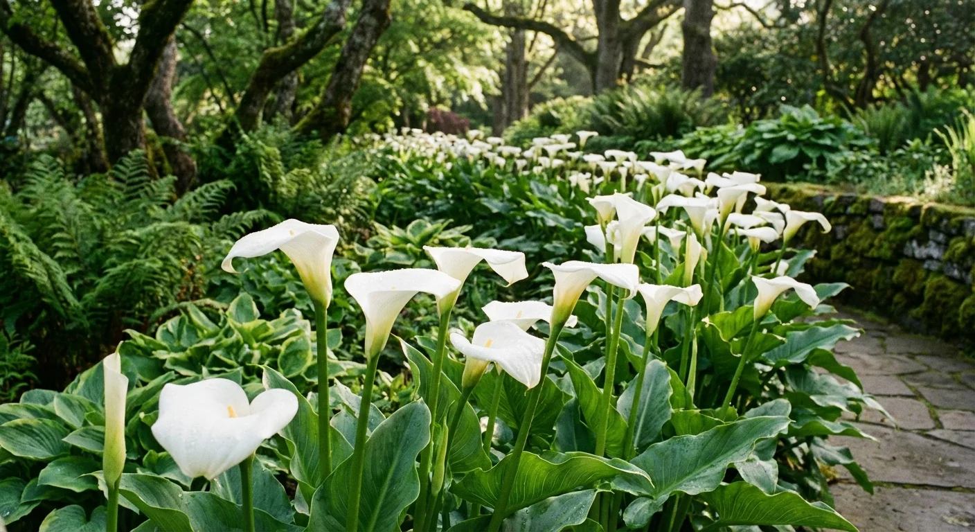 Vibrant blooming white calla lilies in a healthy garden row.