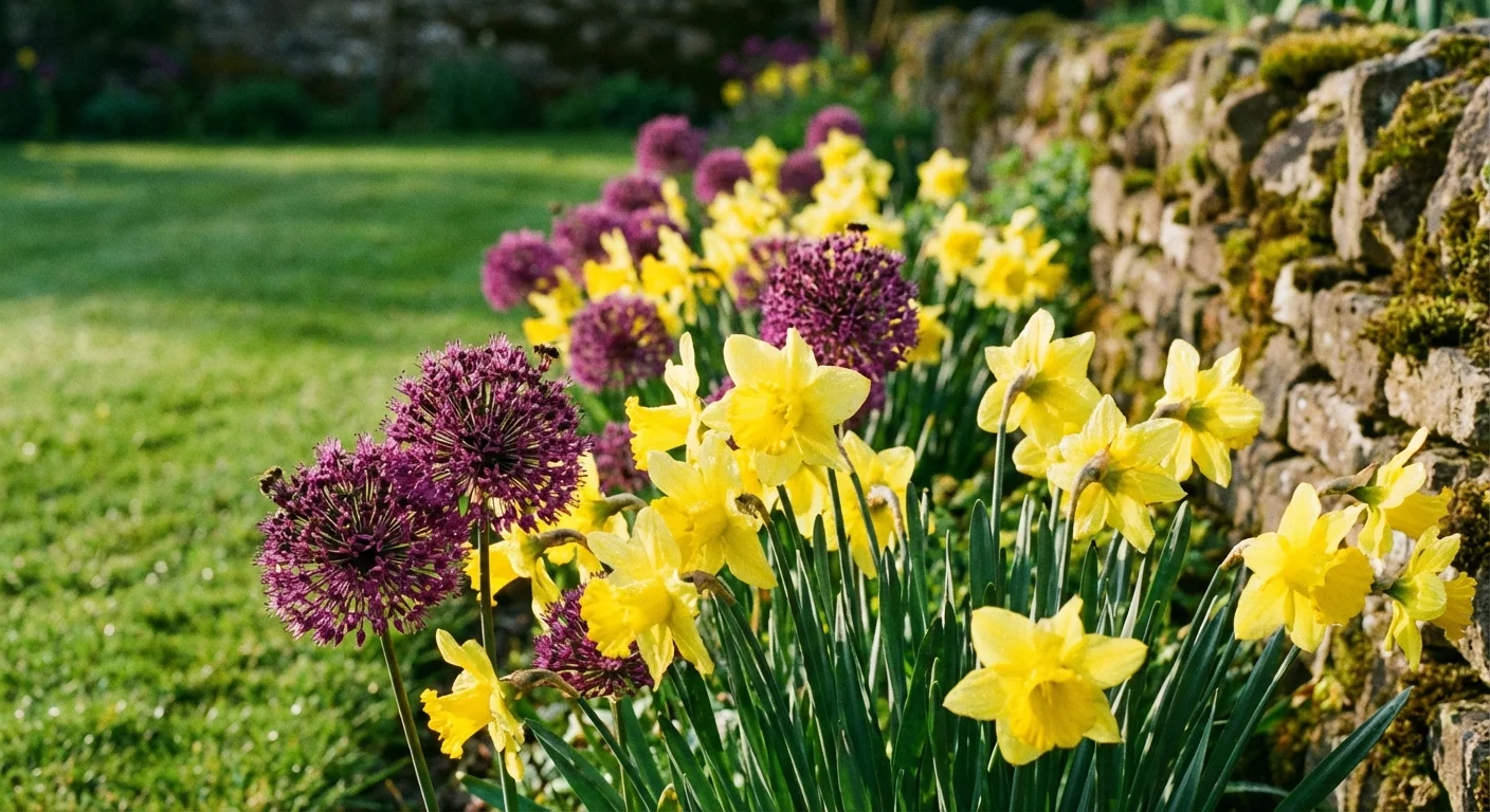 Vibrant yellow daffodils and purple alliums blooming in a sunny, well-kept garden border.