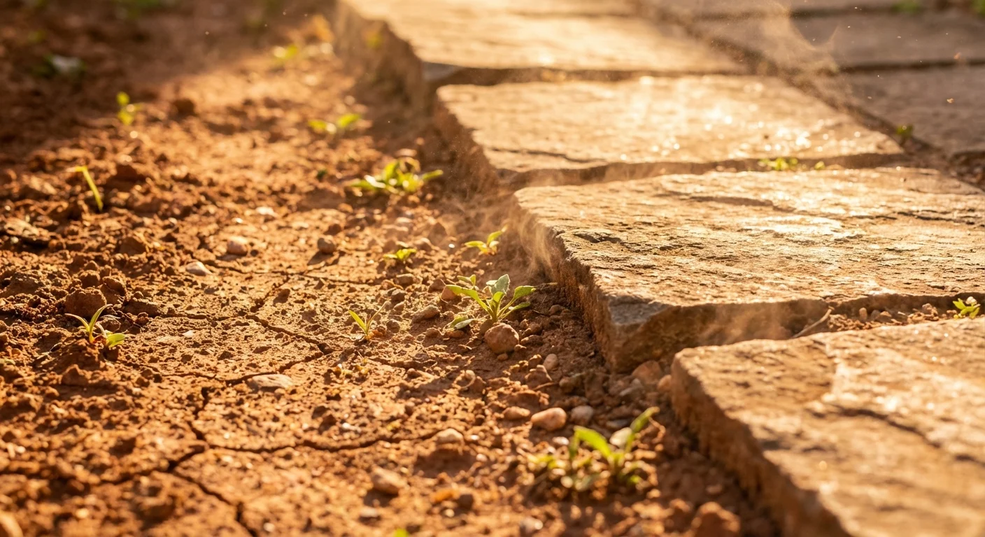 Warm sunlight hitting dry soil and stone pavers where weeds often begin to sprout.