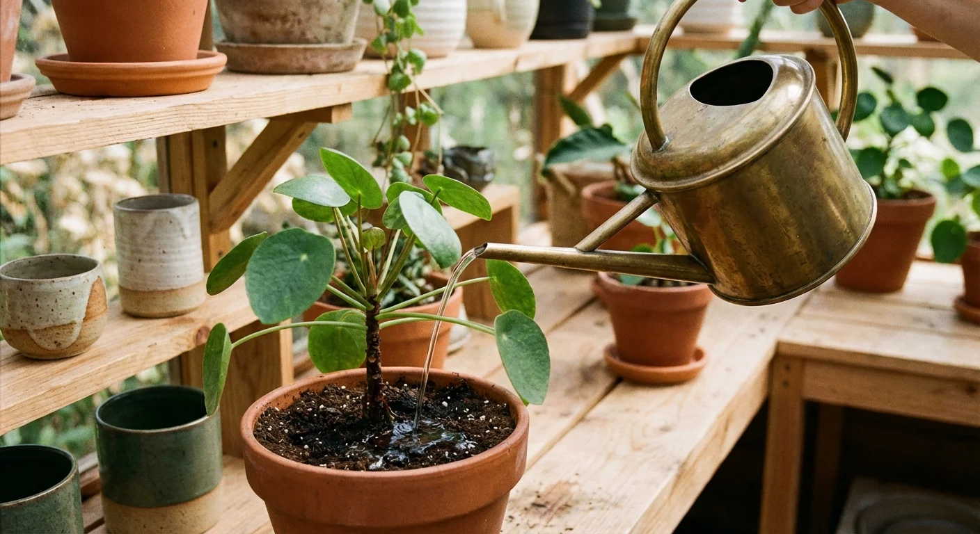 Water being poured from a brass can into a potted Chinese Money Plant.