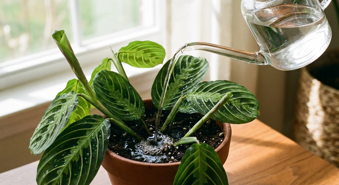Water being poured from a glass watering can into the soil of a Prayer Plant.