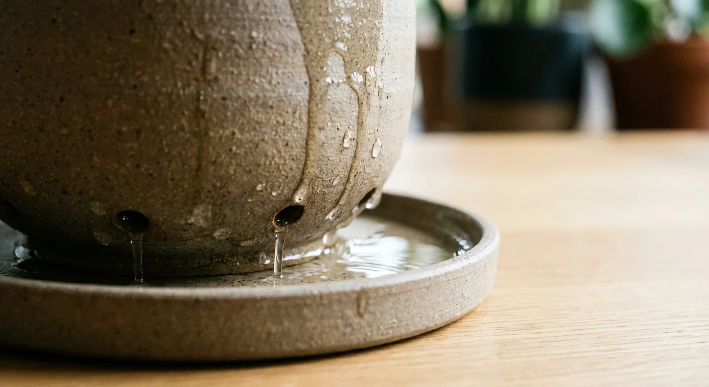 Water draining from the bottom of a plant pot into a saucer.