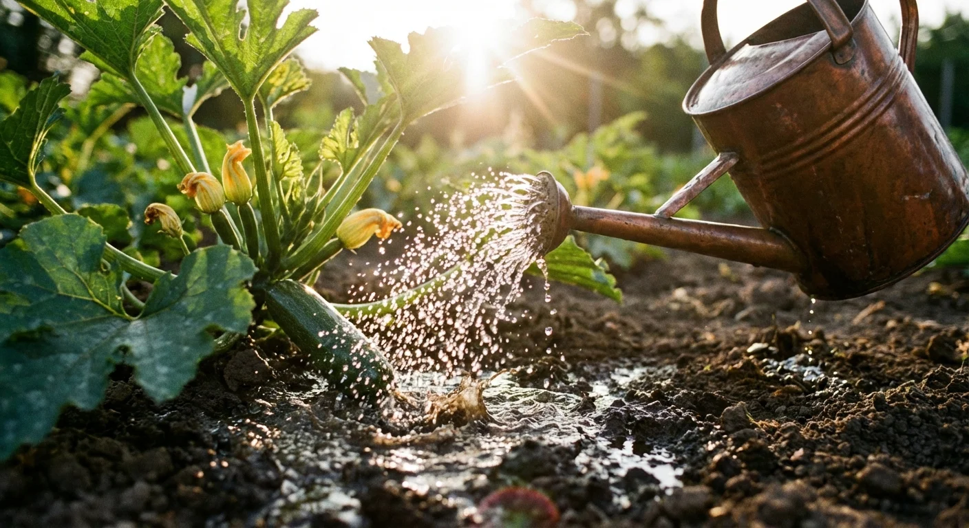 Water pouring from a copper watering can onto the base of a plant.