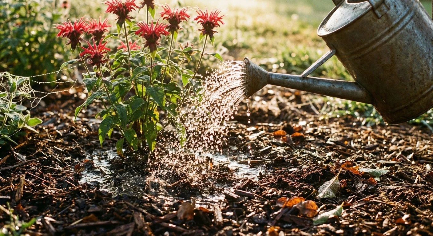 Watering a Bee Balm plant at the roots in a mulched garden bed.