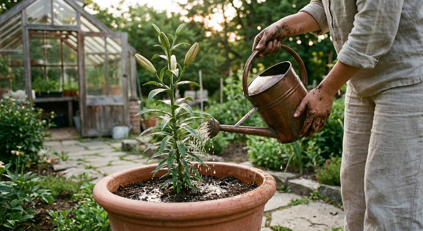 Watering a lily plant with a watering can to help it recover from transplanting.