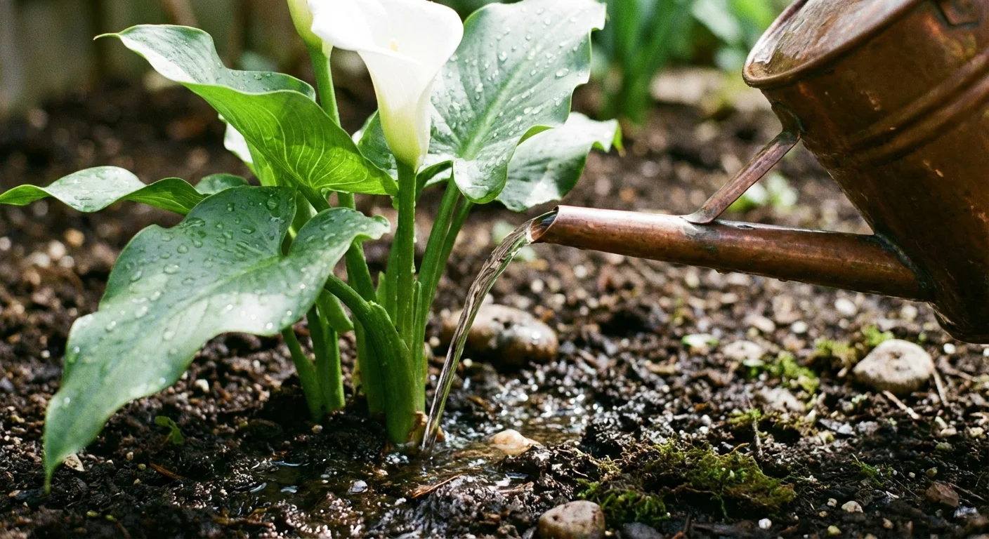 Watering a newly planted Calla Lily in the garden.