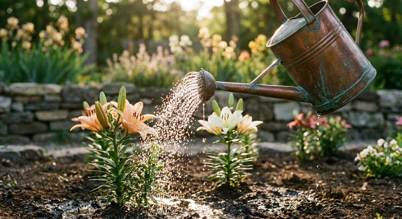 Watering a newly planted lily with a copper watering can.