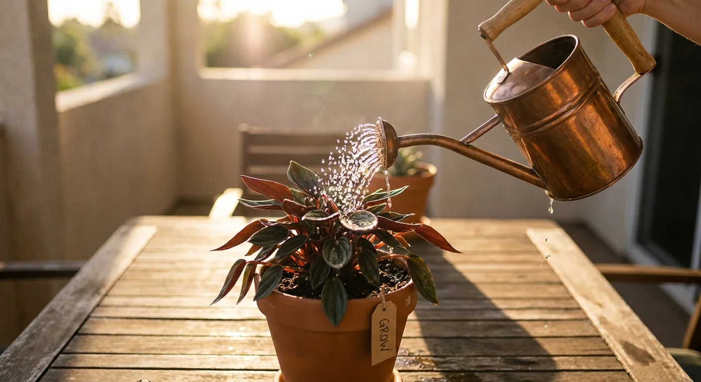 Watering a Peperomia Rosso plant to help it recover and grow.