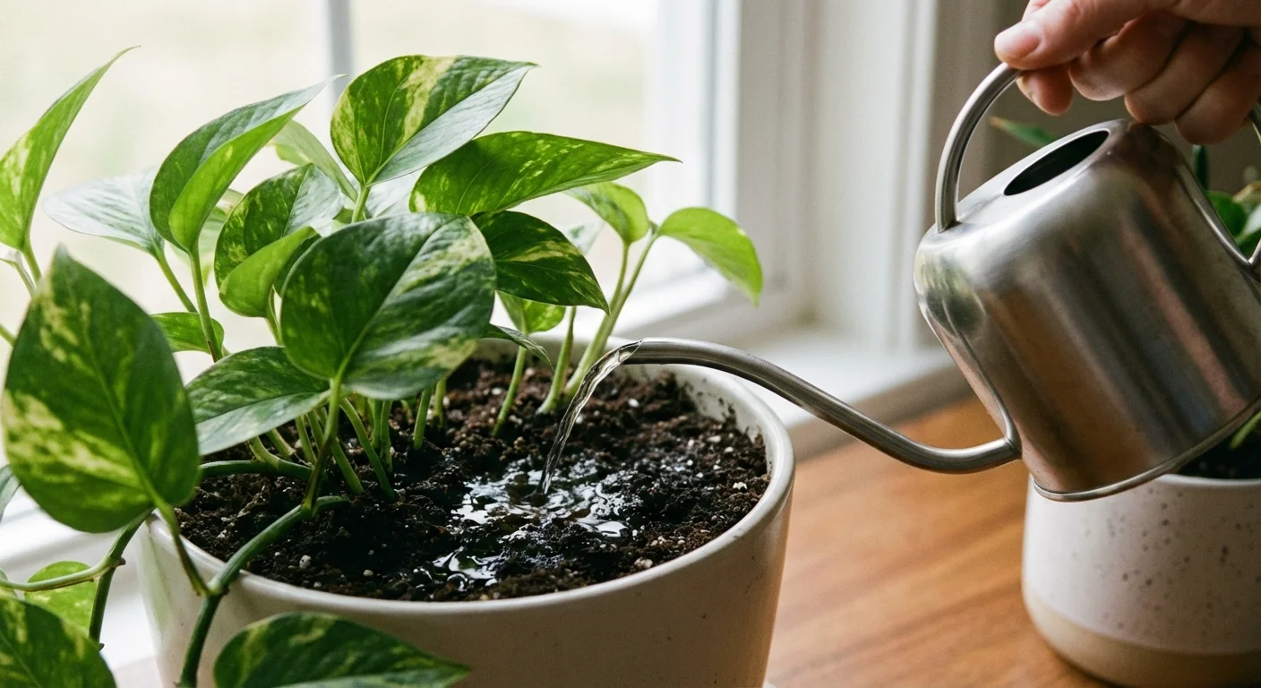 Watering a Pothos plant to dampen the soil before fertilizing.