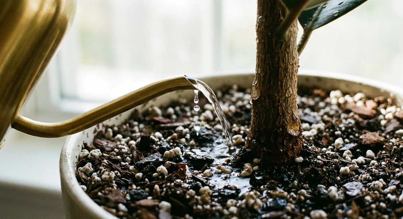 Watering a rubber plant with a brass watering can.