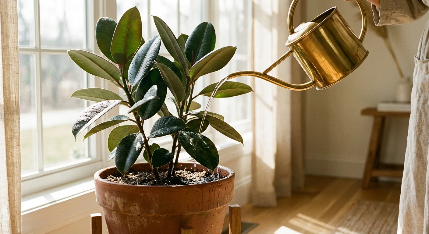Watering a Rubber Plant with a modern brass watering can.