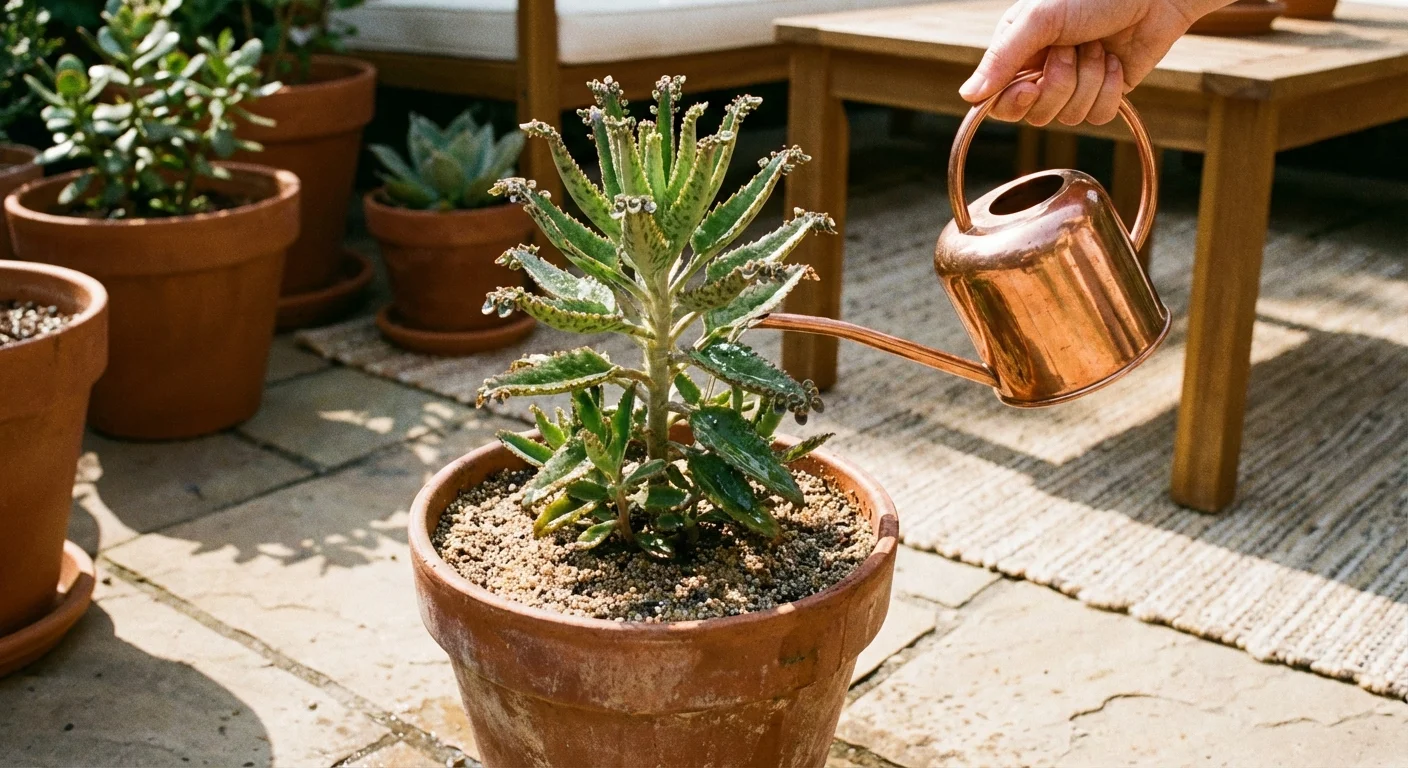 Watering a succulent plant in well-draining soil on a sunny outdoor patio.