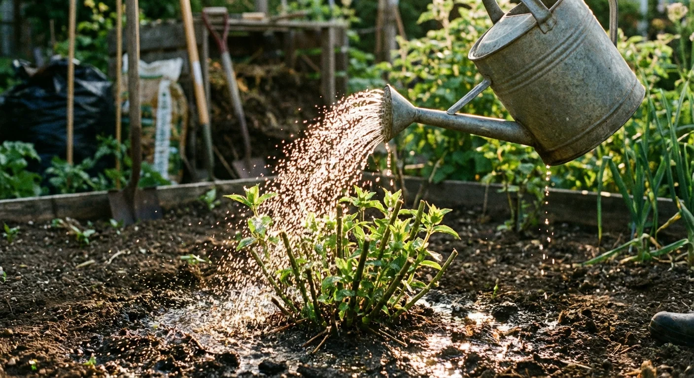 Watering the base of a Bee Balm plant after pruning.