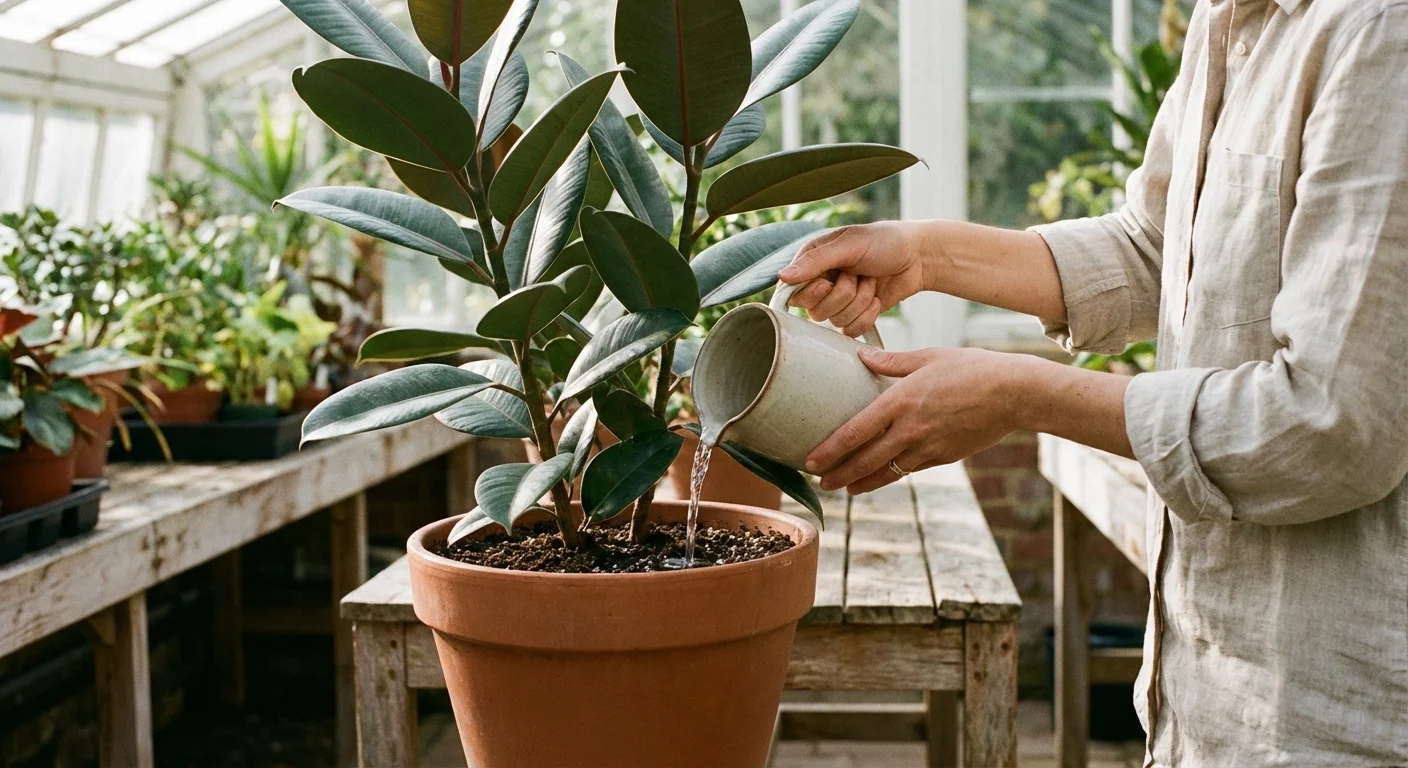 Watering the soil directly at the base of a Rubber Plant.
