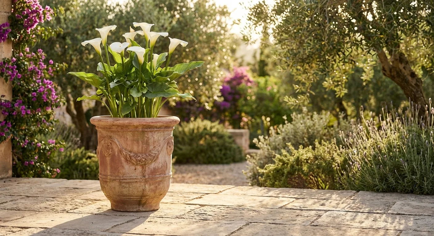 White calla lilies growing in a decorative terracotta pot on a sunny stone patio.