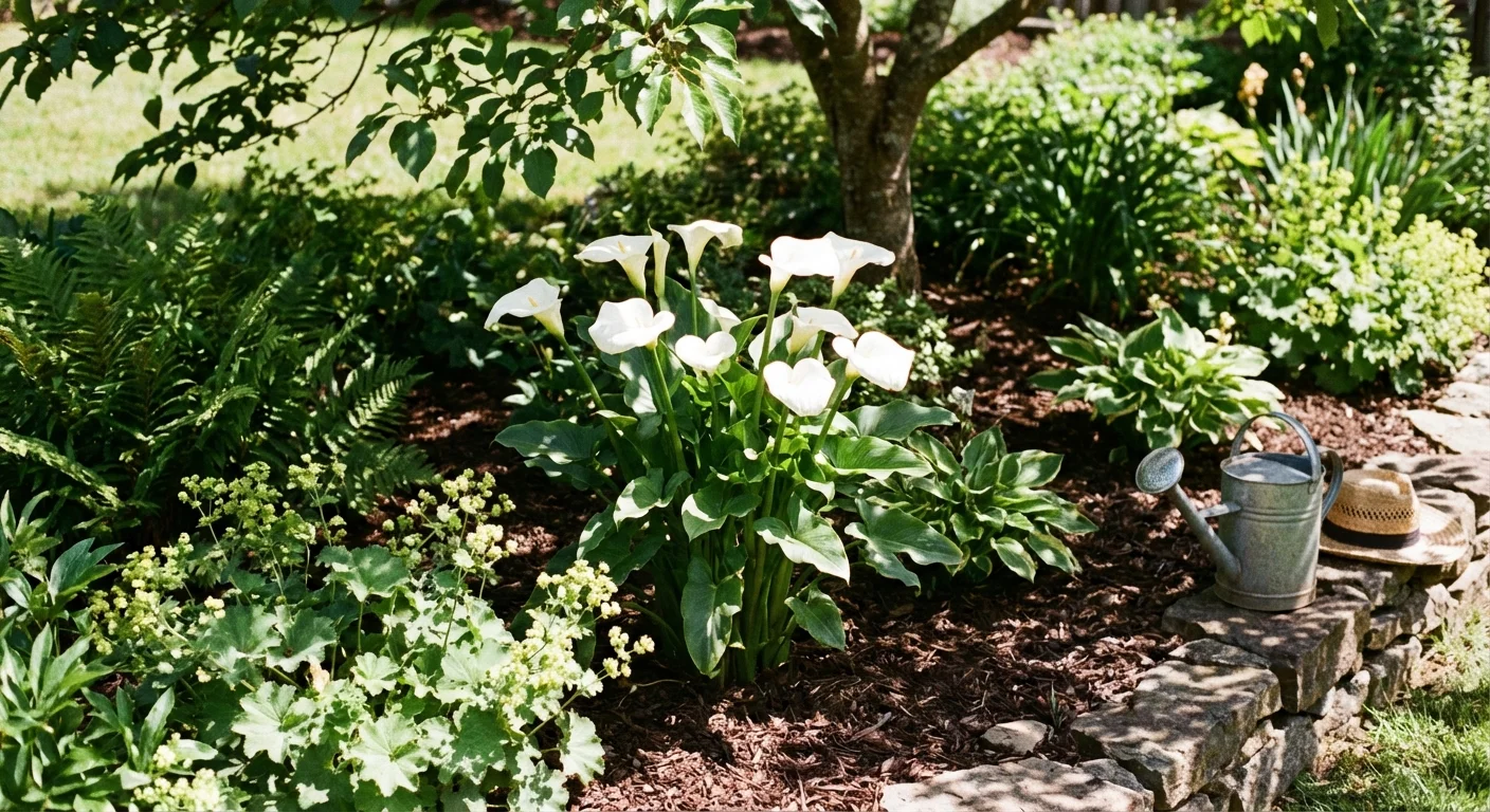 White calla lilies thriving in a sunny garden border with rich soil.