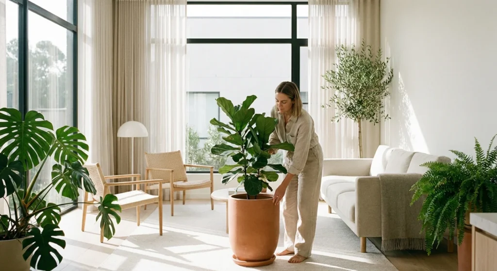 Woman organizing a bright, sunlit living room with large houseplants and minimalist decor.