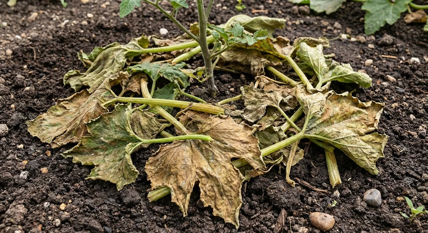 Yellowed leaves used as organic mulch on top of garden soil.