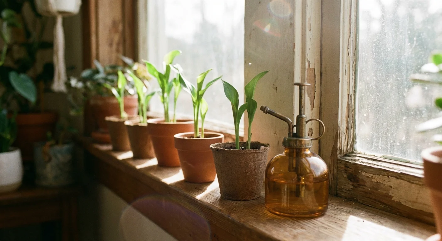 Young green Calla Lily sprouts growing in small pots on a windowsill.
