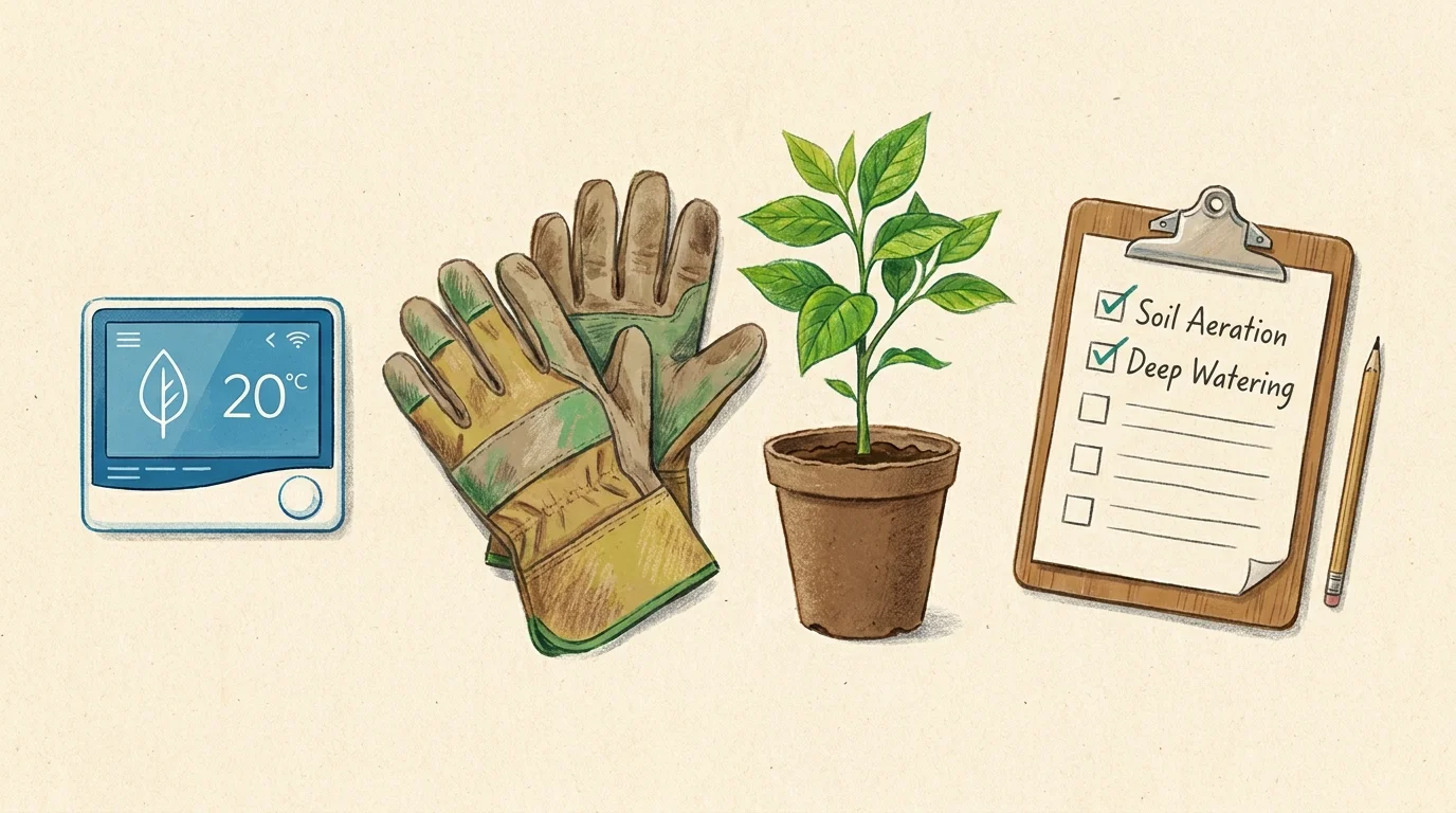 A gouache illustration of gardening tools, a small tree sapling, and a smart thermostat, representing DIY energy projects.