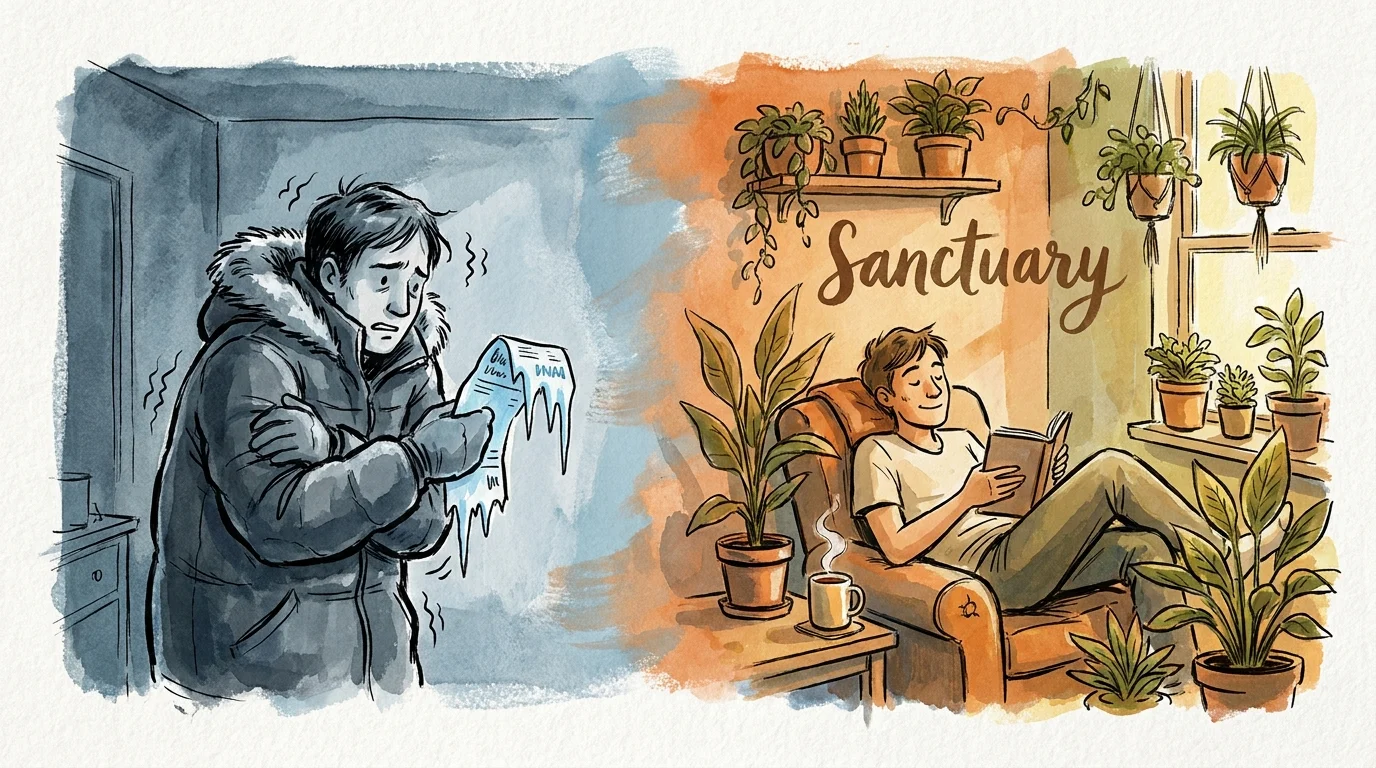 A gouache illustration showing a person shifting from a cold, expensive home to a warm, energy-efficient sanctuary filled with plants.