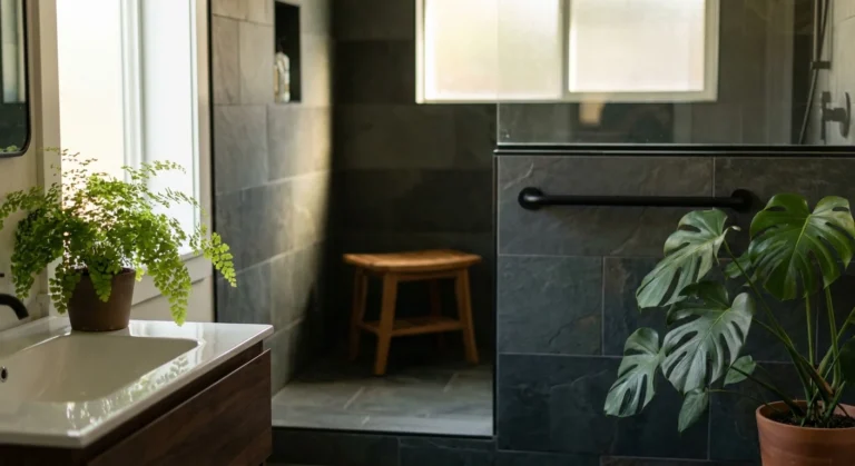 A modern bathroom with a zero-threshold shower, matte black safety bars, and lush green houseplants in a spa-like setting.