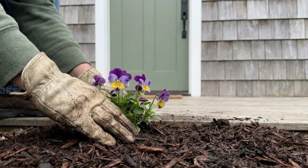 A person in gardening gloves plants purple flowers in front of a freshly painted sage green door and cedar siding.