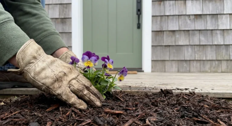 A person in gardening gloves plants purple flowers in front of a freshly painted sage green door and cedar siding.
