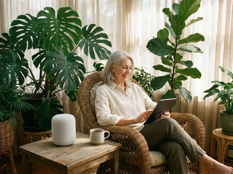 A senior woman relaxes in a plant-filled sunroom while using a tablet, representing a smart home sanctuary for aging in place.